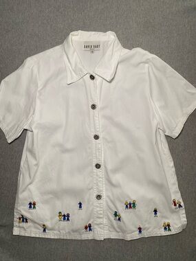 David Dart Dress Camp Shirt S White Cttn Tencel Embroider Bttn Short Slv Vtg